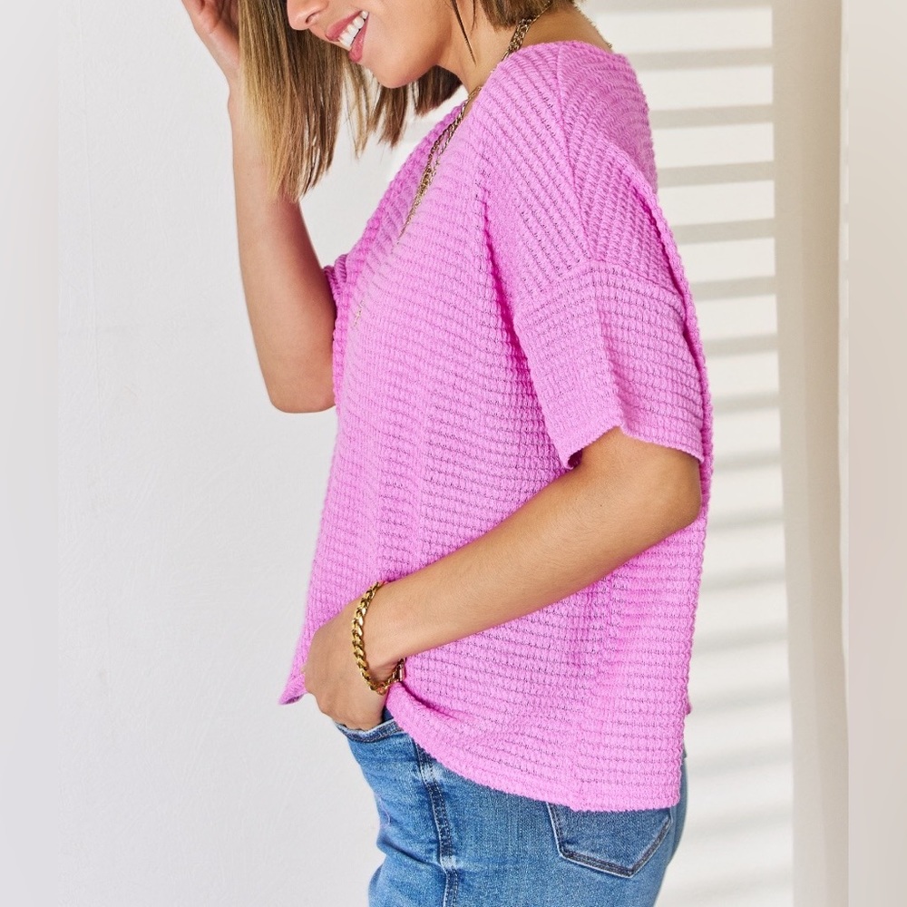 NEW Zenana PLUS + REG Size Mauve Oversized Woven Waffle Knit Short Sleeve Tee - Picture 3 of 6